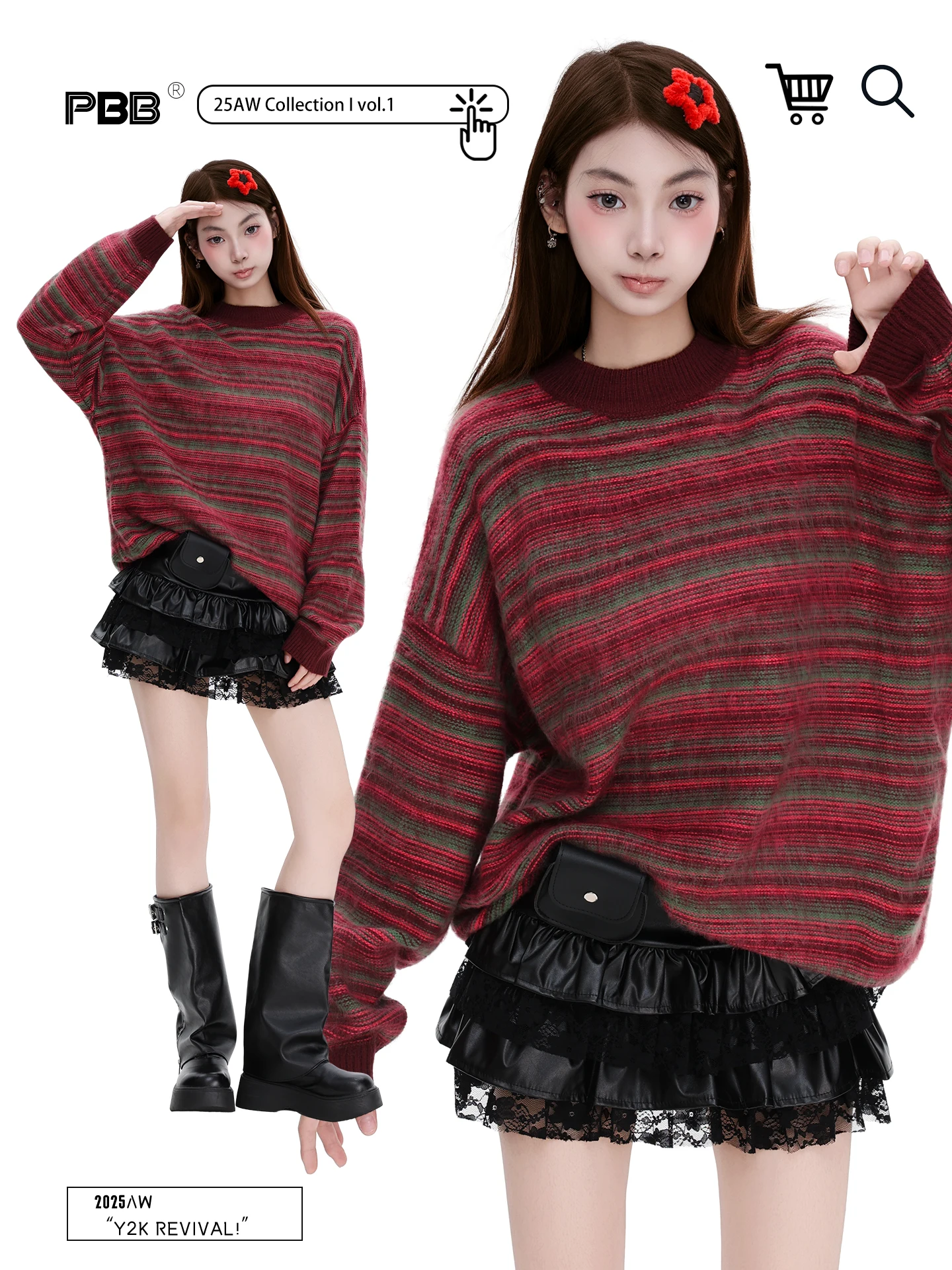 

PBB American Retro Striped Loose Knitwear Women's Lazy Sle Warm Aosphere Loose Sweater Coat Street Sle Long Sve roun...