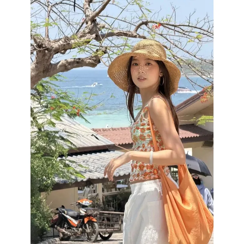 Island Vacation Floral Print Square Neck Top Women Dopamine Slim Sleeveless Camisole
