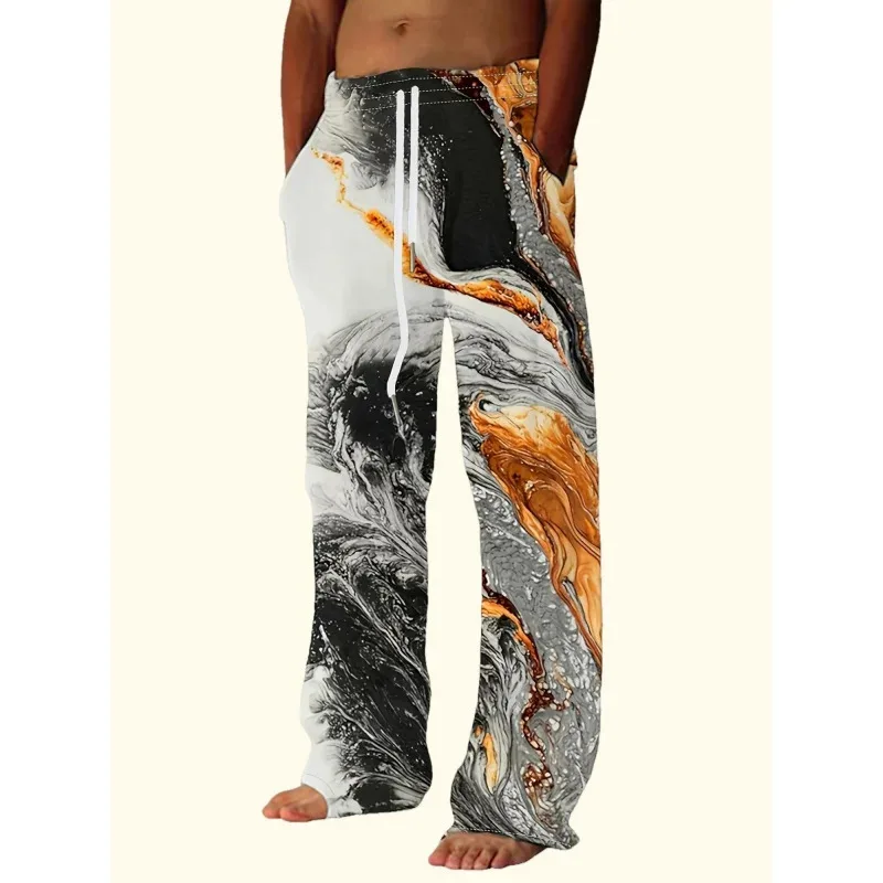 2025 Men'S Stylish Loose Pants Marble Graphic Print With Drawstring And Pockets For Spring Fall Outdoor Casual Pants