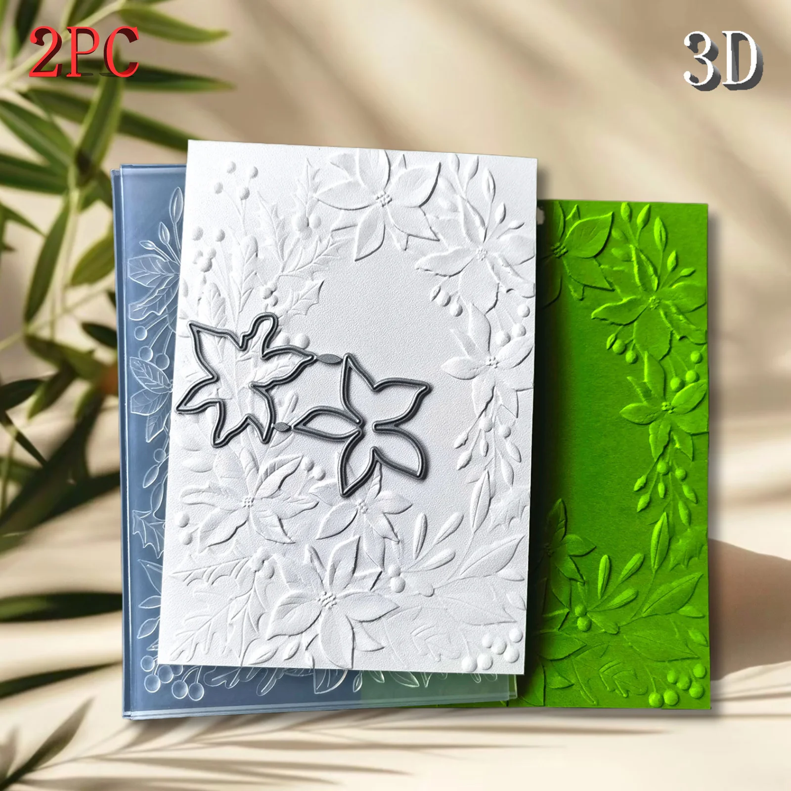 Neuer, heiß verkaufter 3D-geprägter Ordner mit Weihnachtsstern-Rahmen und Blumendesign für DIY-Sammelalbum, Feiertags-Grußkartendekoration und Karte