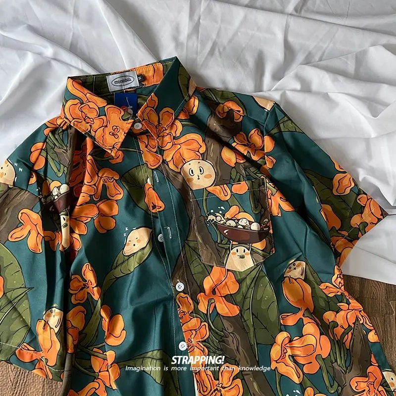 

New cartoon plant flower short-sleeved flower shirt for men and women Hawaiian Thai Japanese retro Hong Kong style shirt y2k top