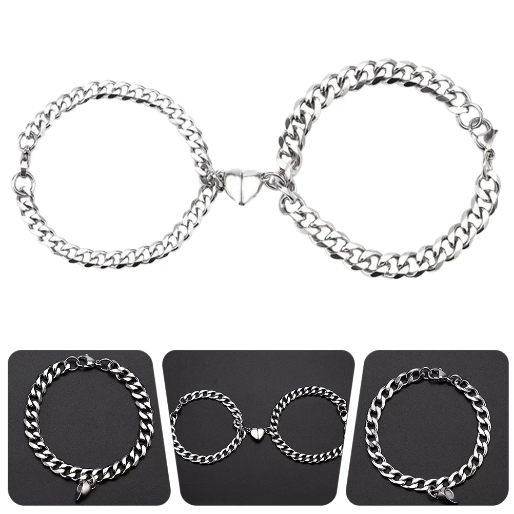 2 Pcs Boy Friend Stainless Steel Couple Bracelet Lovers Gift Magnetic Heart Bracelets
