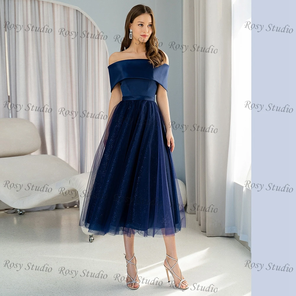 Simple Off-shoulder Short Cocktail Dresses A-line Glitter Tulle Navy Blue Prom Gown Plus Size Navy Blue Homecoming Party Wear