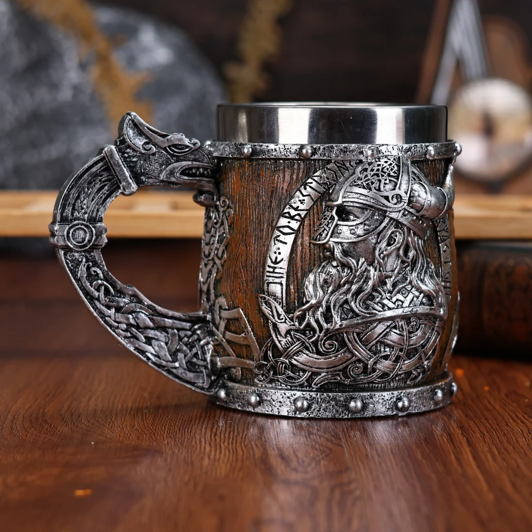 Valhalla Viking Stainless Steel Nordic Viking Barrel Dragon Boat Warrior Horn Skull Beer Mug Tankard Stein Cup 400 ml