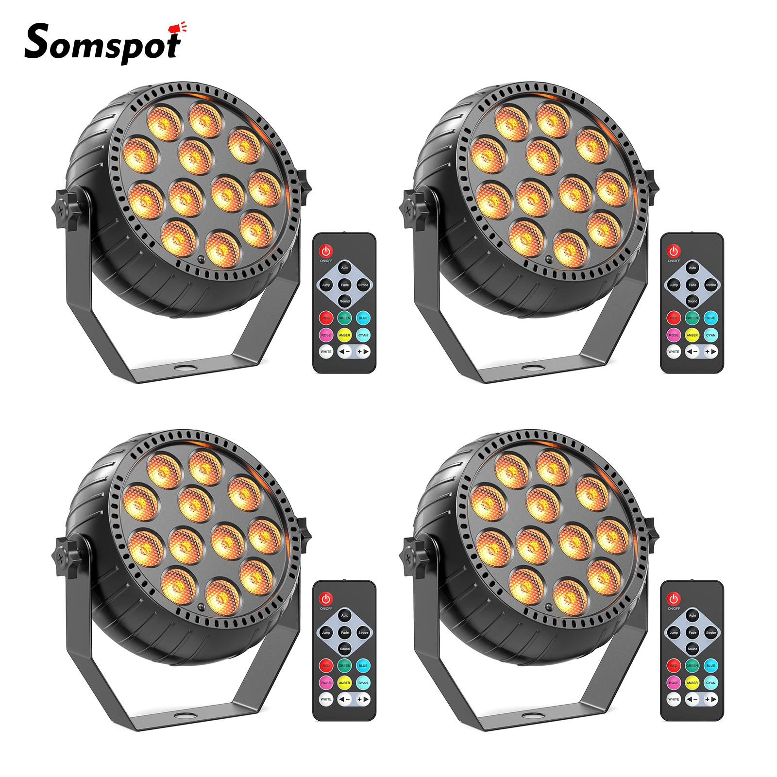Somspot, set da 4 faretti a LED piatti, 12 LED, faretti RGB per effetti di illuminazione scenica, mini faretti a batteria per DJ, discoteche, feste, Natale, bar, club, matrimoni, compleanni.