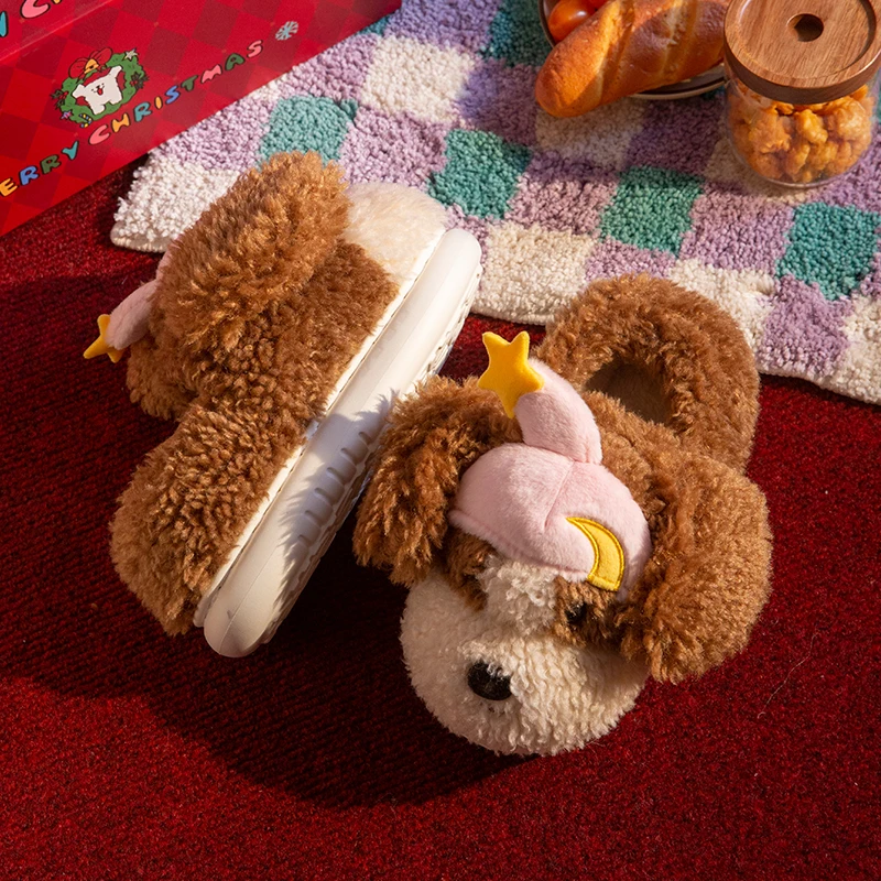 SHAJI Women Cute Cartoon Dog Closed‑Toe Plush Slippers, Winter Warm Fluffy Non‑Slip Cozy Indoor Home Bedroom House Shoes view 5