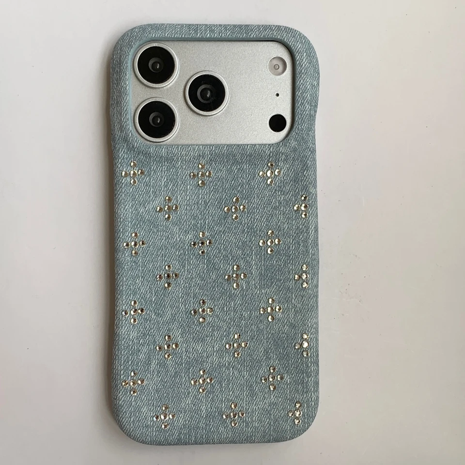 Retro Trendy Cool Blue Black Denim Texture Rivet  Small Flower Shock Proof Phone Cover Case for iPhone 17 16 15 14 Pro Max, image 7