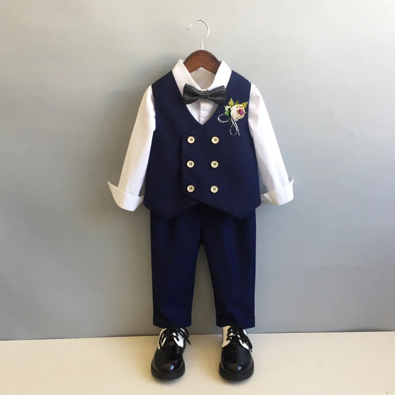 Children Formal Tuxedo Suit Flower Boys Wedding Dress Kids 1 Year Birhtday Photograph Suit Children Performance Party Costume