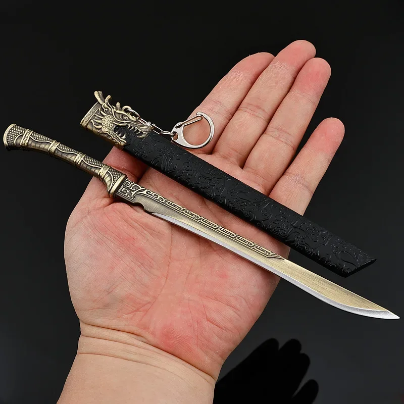 Espada medieval de 22cm, famosa espada longquan, brinquedo, dragão, tigre, faca, todo em metal com bainha, modelo de arma, ornamentos, coleções, presentes