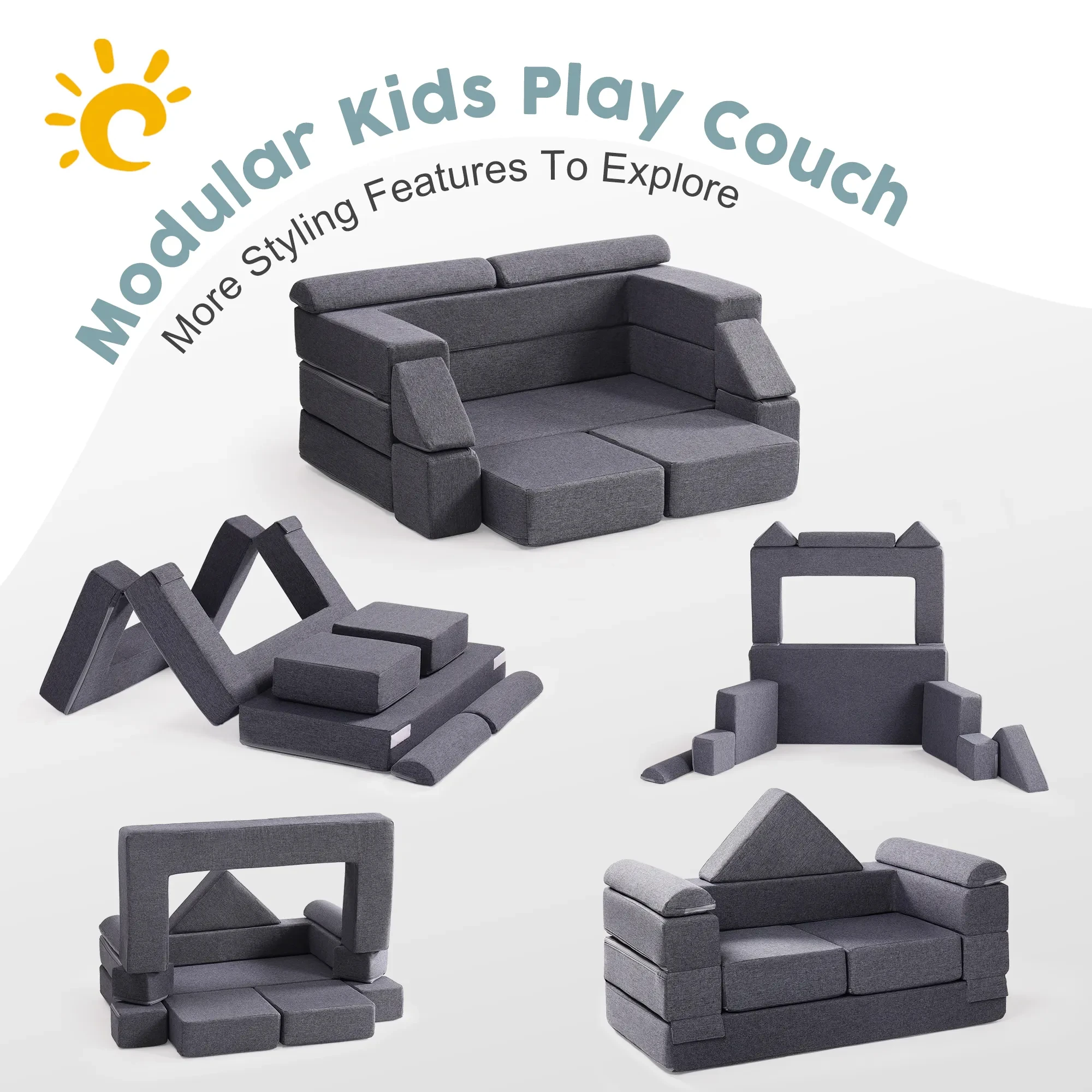 โซฟาเด็ก ROBUD สีเทา แบบโมดูลาร์ โซฟาเด็กเล่น DIY-Style ซักล้างได้ สำหรับห้องเล่น ห้องนอน ห้องเด็กอ่อน