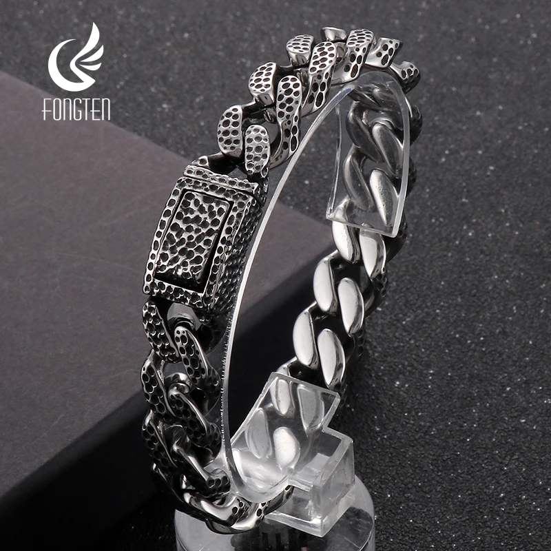 Fongten Punk Crub Bracelets For Men 316L Stainless Steel Vintage Cuban Link Chain Charm Men's Wristband Bracelet Bangle Jewelry