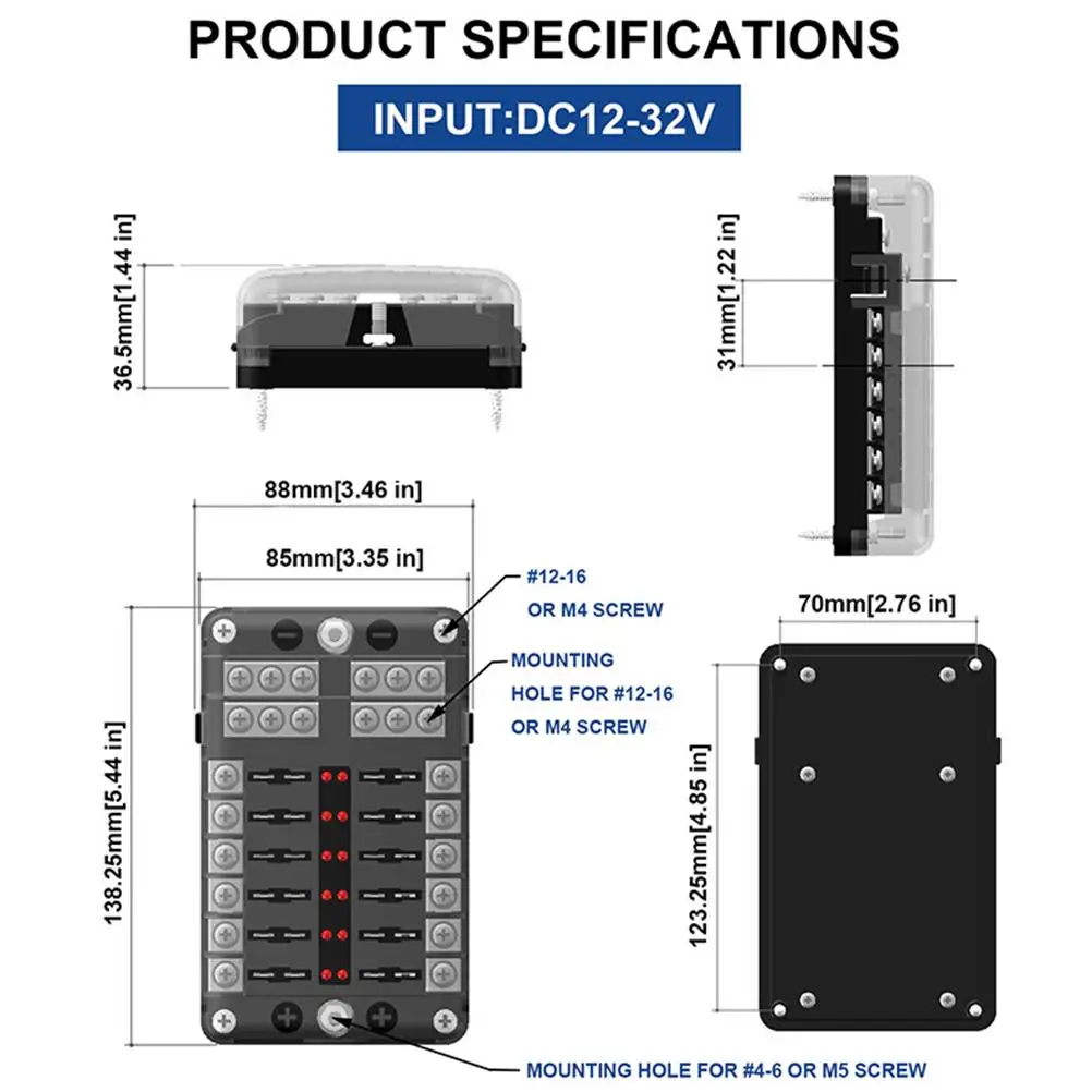 

12 Way Fuse Box Holder 32V DC 30A Circuit 100A Panel LED Indicator Transparent Cover Dustproof Marine Stainless Inputs Outputs