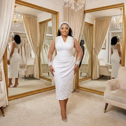 Customized V Neck Shinny Pearls Short Wedding Dress For Bride African Plus Size Illusion Full Sleeves Tea Length Bridal Gown