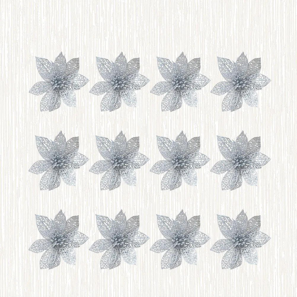

12 Pcs Decoration Christmas Artificial Flowers Bow Tie Silver Glitter Ornaments