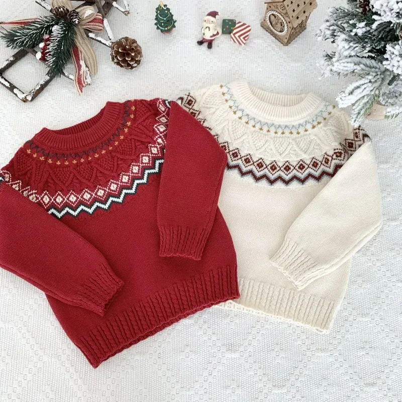 

High Quality Baby Girl Winter Clothes Jacquard Vintage Christmas Sweater Toddler Kawaii Pullovers Knitted Sweater Cotton 2-10y