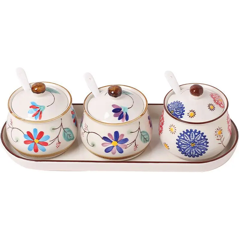 

YJQ flower seasoning jar ceramic high temperature resistant Chinese salt jar kitchen underglaze color seasoning jar