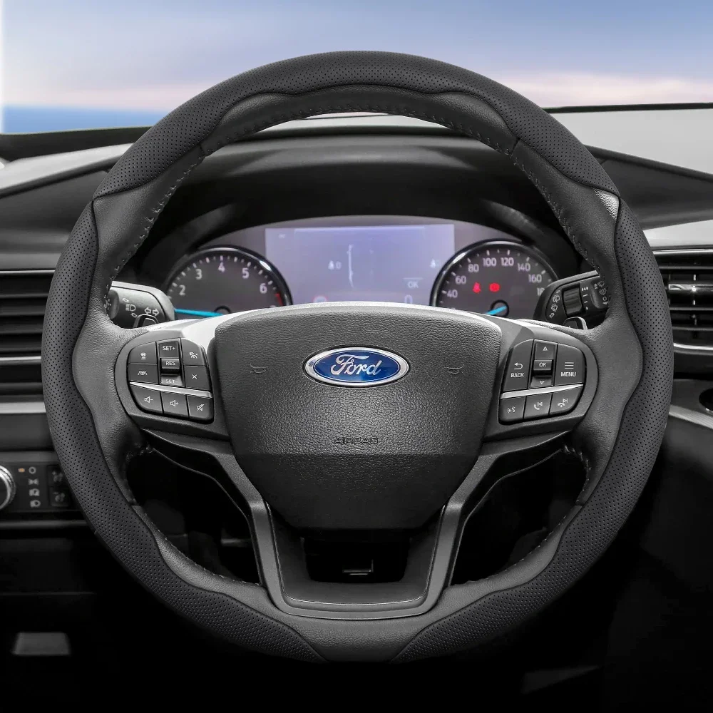 

Подходит для Ford, кожаный чехол на руль с дышащими отверстиями, сегментированный фокус Mk2 Mk3 Fiesta Mk7 Transit Custom Mondeo Mk4 Mk5