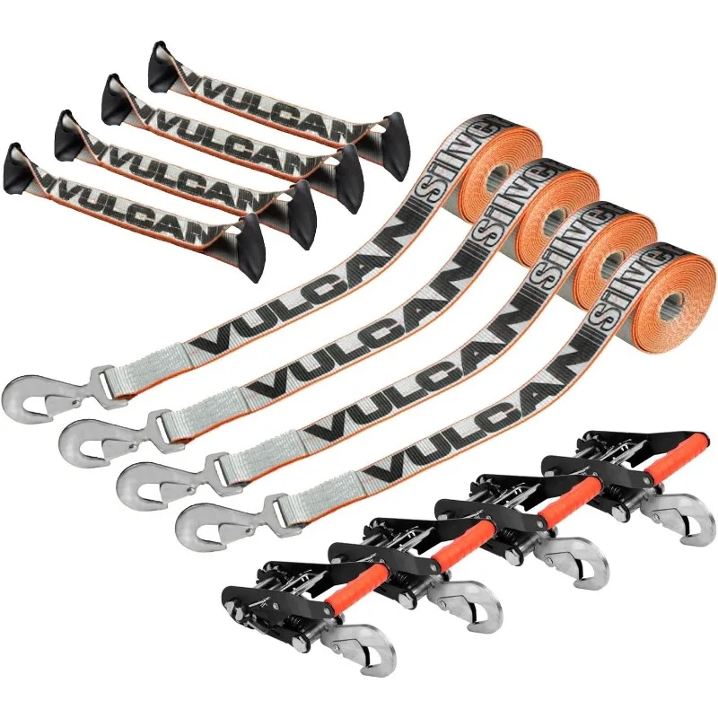 

VULCAN 8-Point Roll Back Vehicle Tie Down Kit with Snap Hooks on Both Ends - Set of 4 - Silver Series