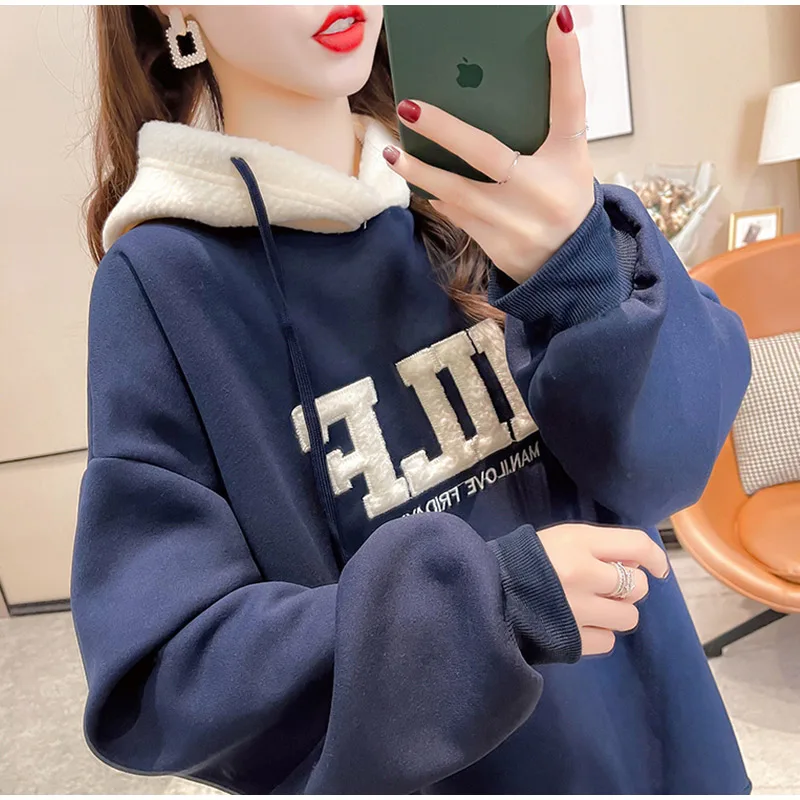 Letter Print Lamb Wool Hoodies Women Fleece Oversize Korean Style Sweatshirts Female 2023 Autumn Girls Casual Pullovers Kpop