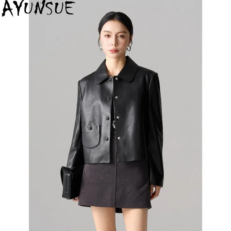 AYUNSUE Real Leather Jackets for Woman 2026 Autumn Sheepskin Long Sleeve Tops Woman Luxury Commute Outerwear Woman Clothes 가죽자켓