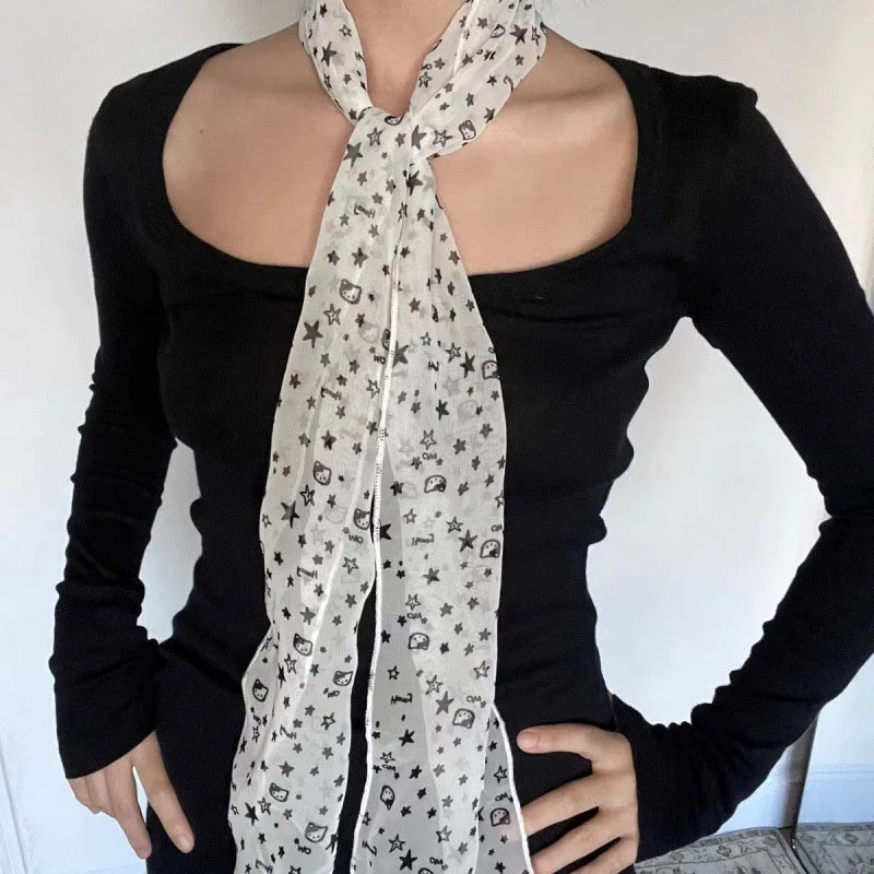 

Polka Dot Long Silk Scarfs Cat Star Embellished Korean Spring Fashion with Tags Fluttering Strap Ladies Ins Multiple Wear Scarf