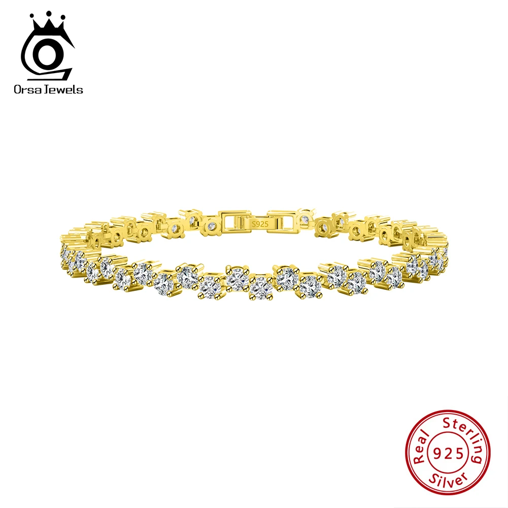 ORSA JEWELS Shiny 14K Gold Tennis Bracelet 925 Sterling Silver 2 Rows Prong Setting Round Cut CZ Bracelet Luxury Jewelry SB164