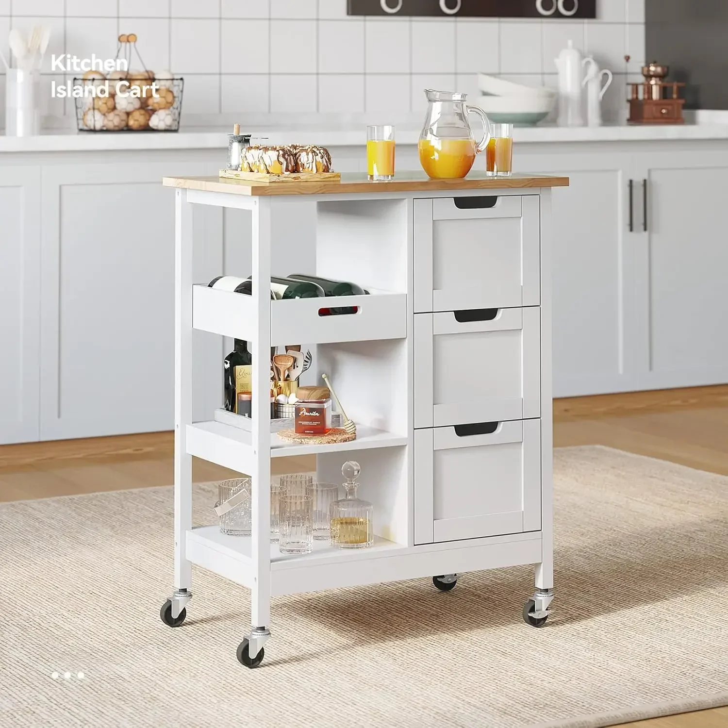 Small Solid Wood Top Kitchen Island Cart on Wheels with Storage, Rolling Portable Dining Room Serving Utility Carts Mobile