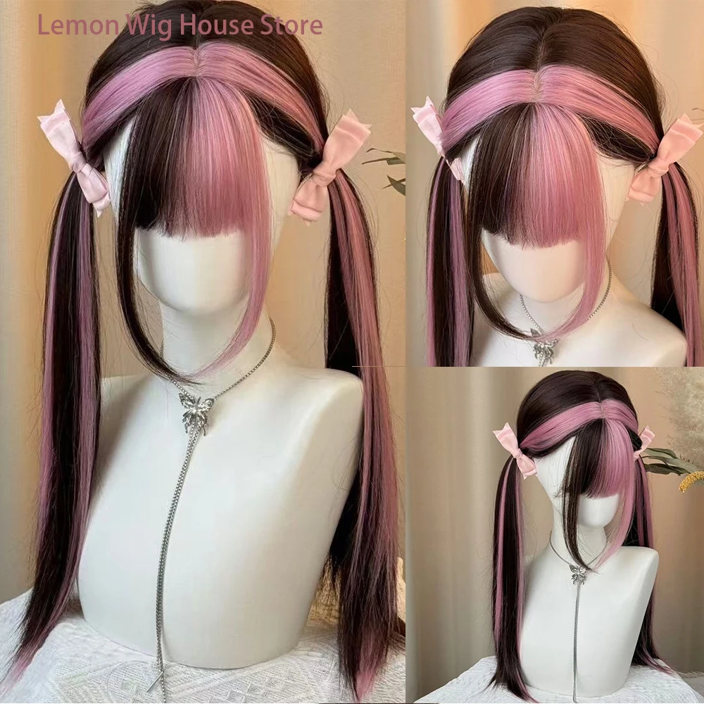 Black Ombre Pink Lolita Wig with Bangs Synthetic Straight Hair Natural Layered Wigs for Women Daily Cosplay Wig Heat Resistant
