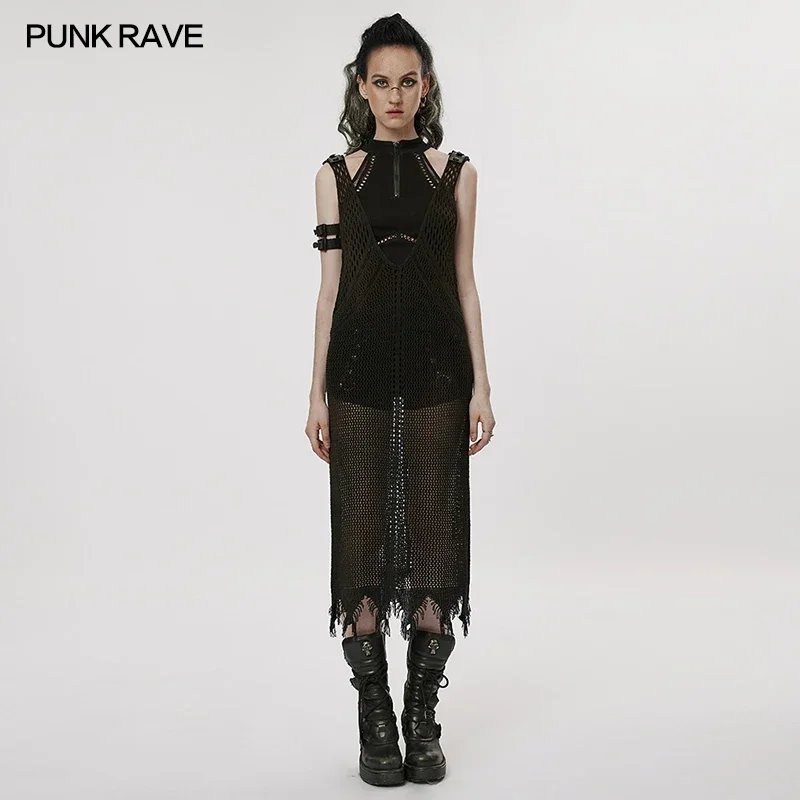 PUNK RAVE Women\'s The Post-apocalyptic Techwear Style Hollow Out Dress Gothic Large V-neck Geometric Raw Edges Hem Vest