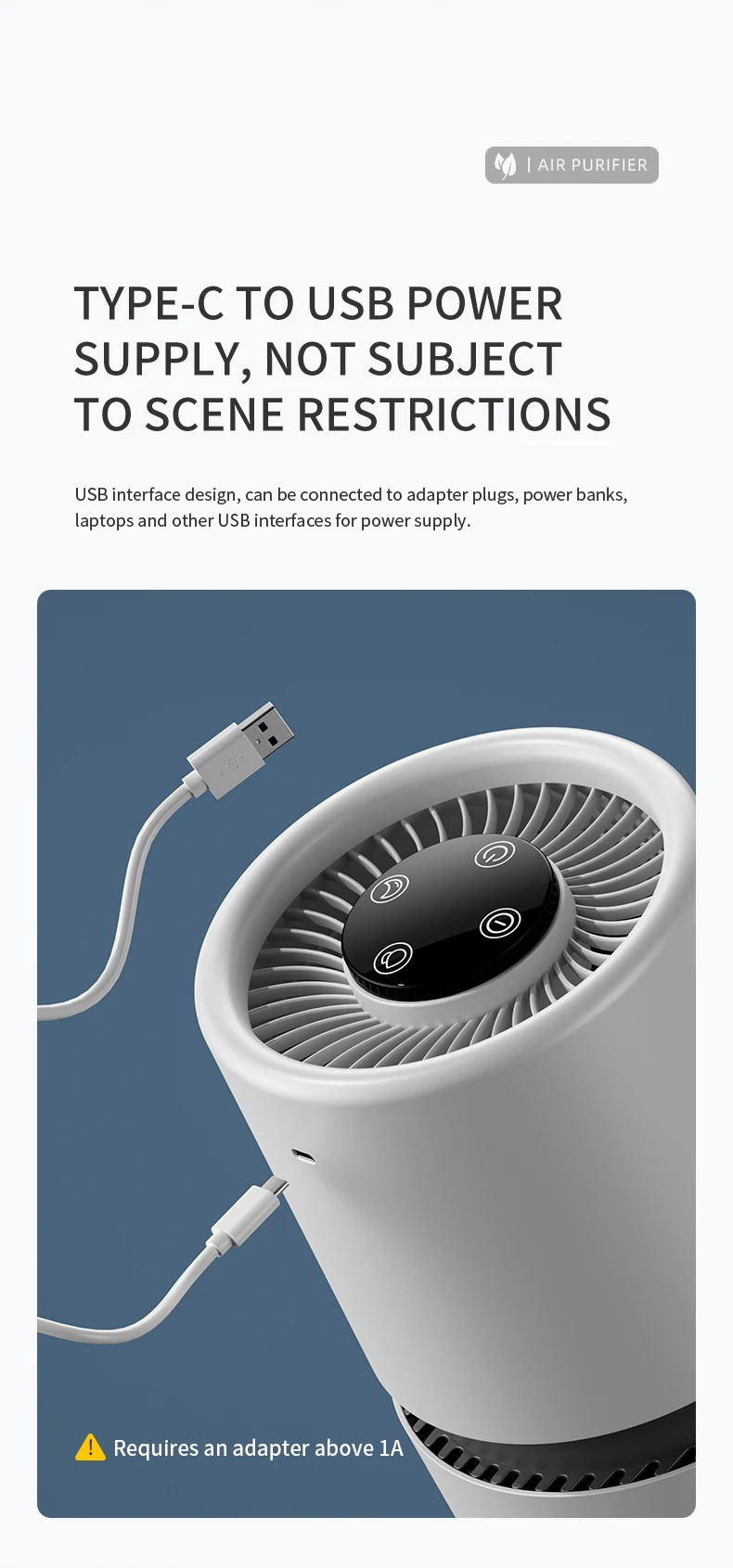 Portable Air Purifier HEPA Activated Carbon Composite Filter Blue Light Negative Ion 2 Speed Touch Control USB Type-C Quiet Night Mode Aroma Tank