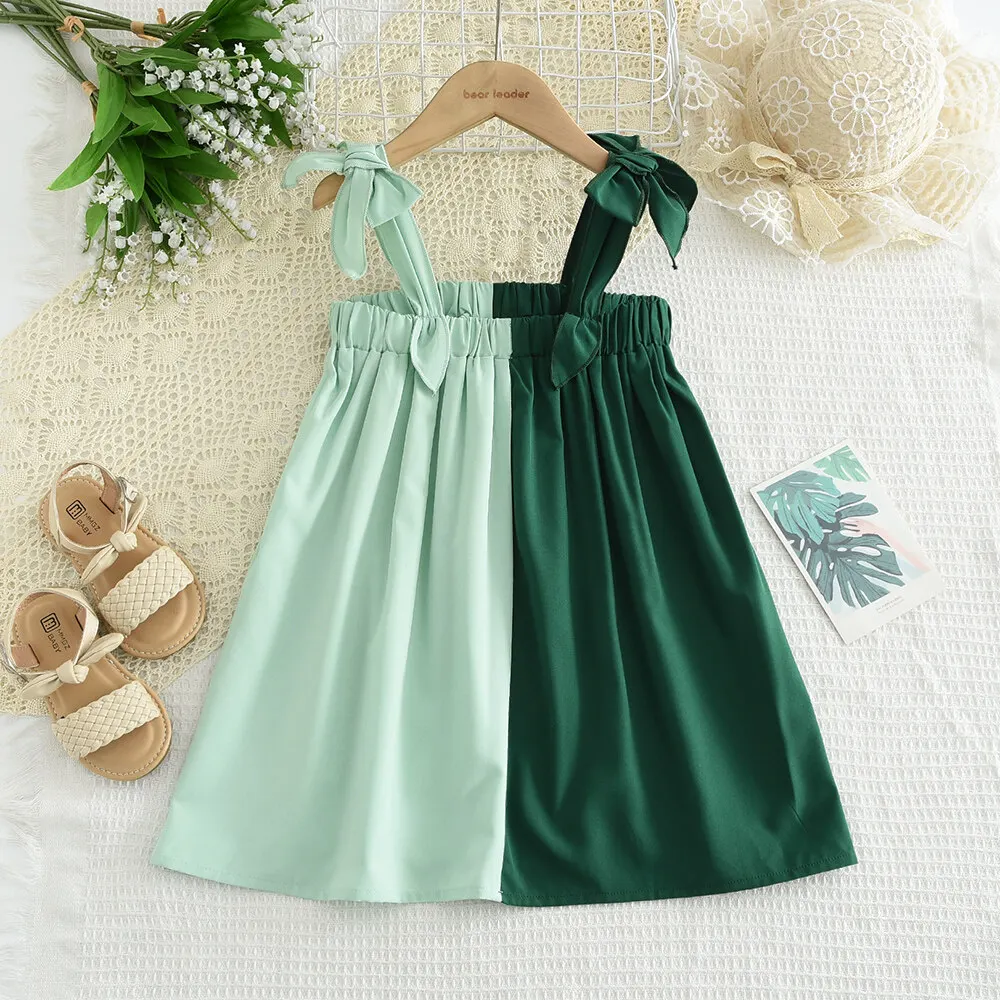 Bear Leader Baby Girls Bow Dresses Summer Patchwork Green Casual Clothing for 3-7 Y Kids Slip Dress Outfits Children\'s Clothes