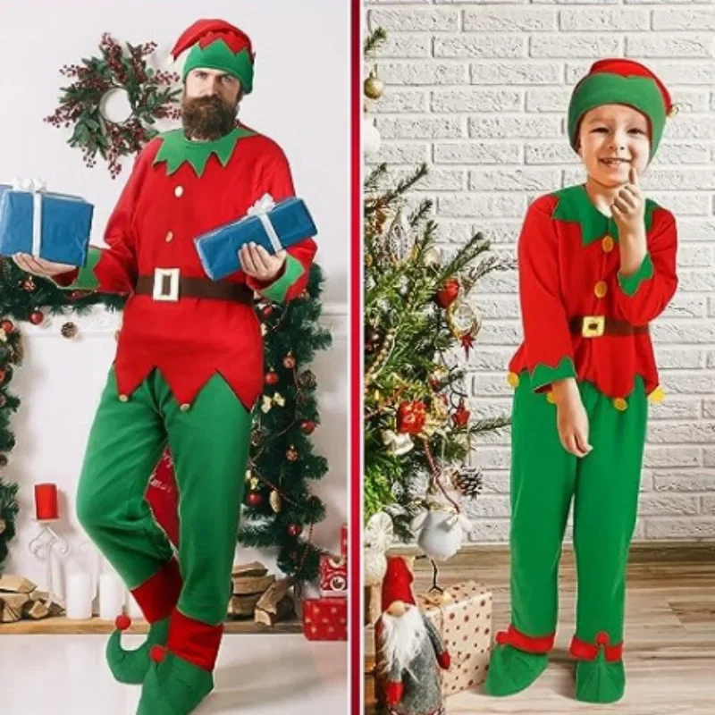 Weihnachtskostüm Kinder Weihnachtselfenanzug Rot und Grün Farbe Cosplay Kostüm Frau Mann Festivals Verkleidung Fancy