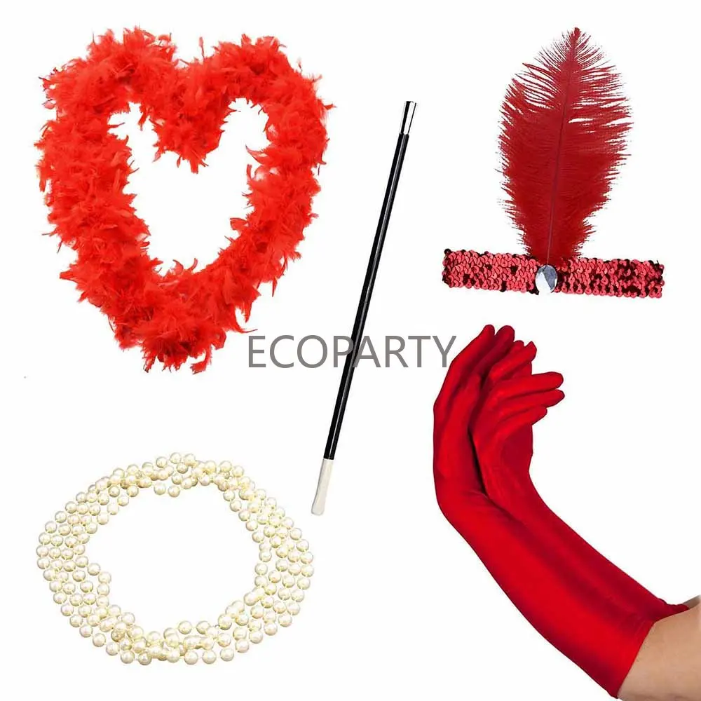 1920s Accessories Headband Necklace Gloves Cigarette Holder Flapper Costume Accessories Set For Women Black White Red