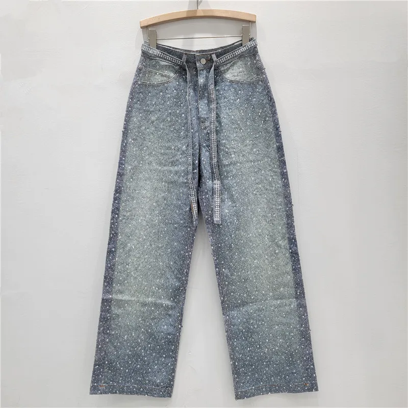 

Full Rhinestone Streetwear Jeans | Unisex Baggy Wide Leg Pants with Dangling Belt, Hip Hop Style