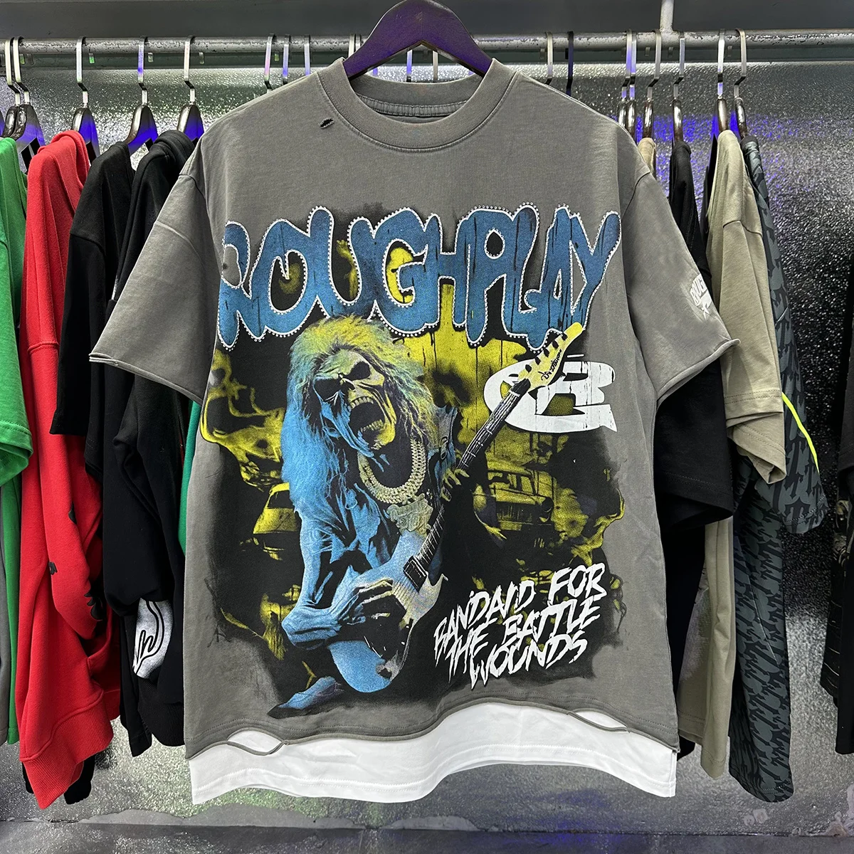 Rough Play Vintage Rock Skeleton Washed Cotton Short Sleeve T-Shirt Splice Hole Pure Cotton Street Style Citywalk Daily Wear