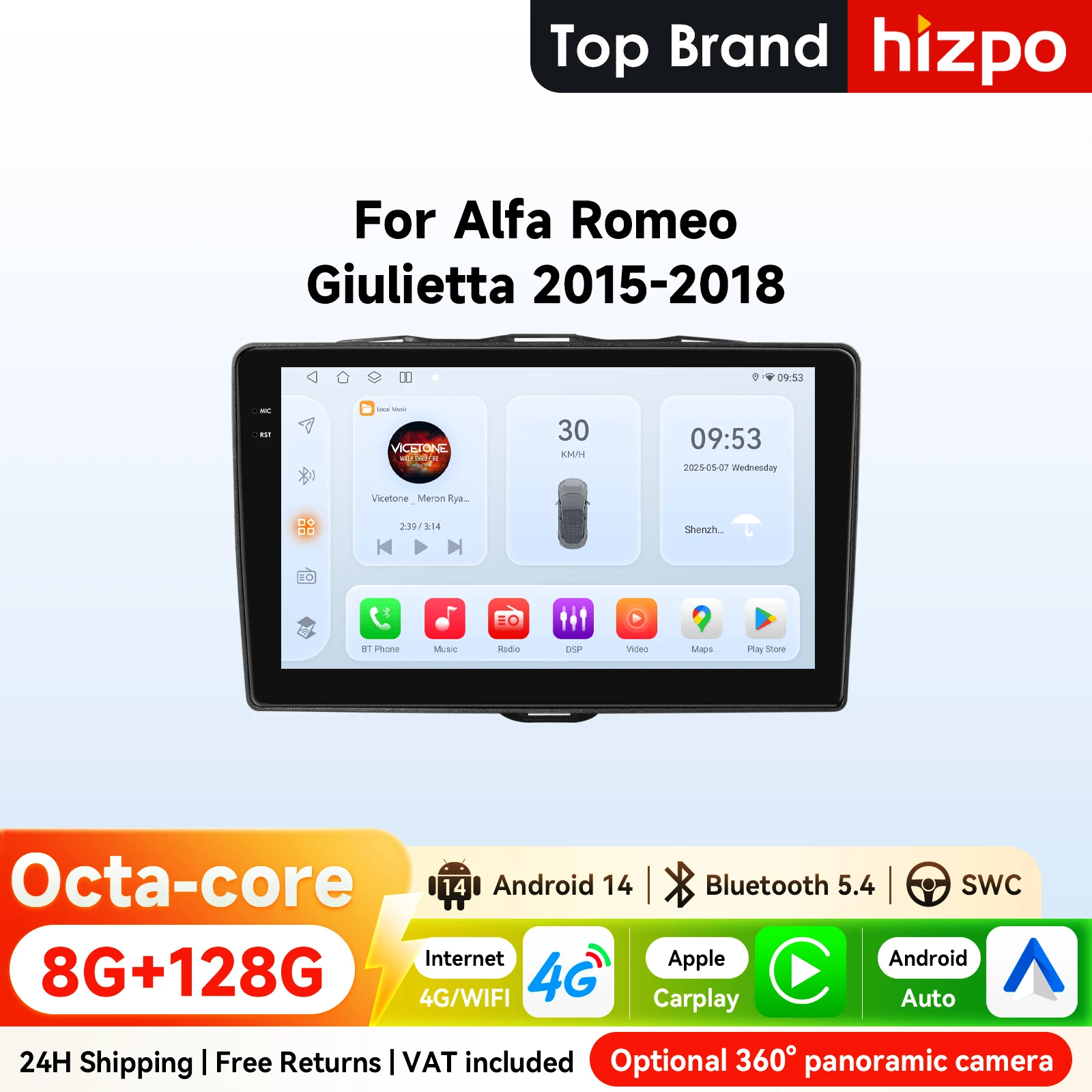 Autoradio 9  Hizpo 2Din CarPlay Android Auto per Alfa Romeo Giulietta 2015 -2018 Snapdragon 6115 RDS DSP 4G BT GPS Navi 360 ° CAM