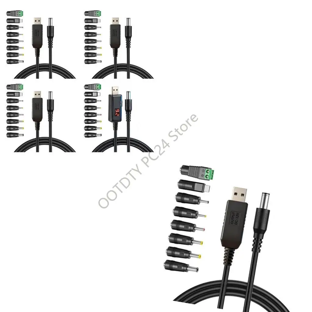 H7BA PVC USB to DC5.5mm 5V/9V/12V Stepping Up Converters Cable 8 Adapters for Camera Use
