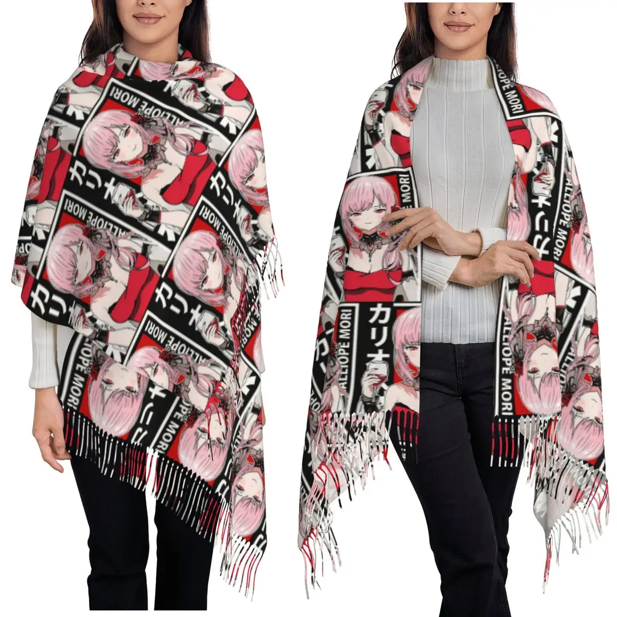 Calliope Mori Red Dress Hololive En Scarf Tassel Scarves Women Soft Warm Shawls and Wraps Large Fall Winter Shawl Wrap