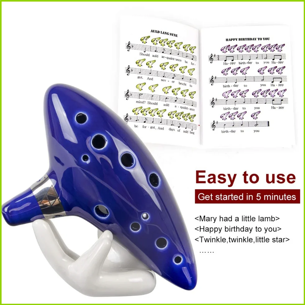 Ocarina,12 Tones Alto C Ceramic Ocarina Musical Instrument with Song Book Neck String Neck Cord Carry Bag, Blue