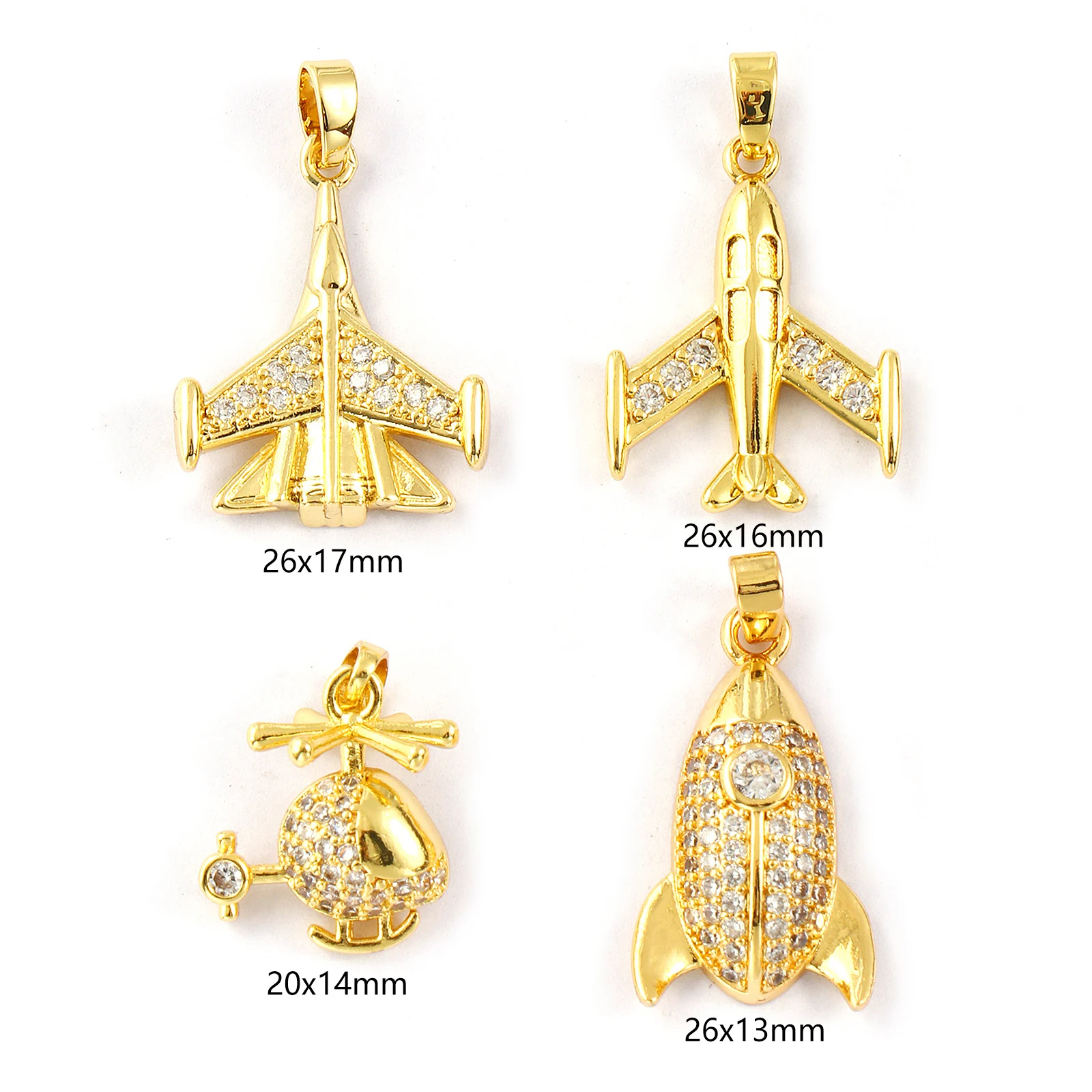 2 PCs Brass Charm 18K Gold Plated Micro Pave Clear Cubic Zirconia Aircraft Rocket Pendants For DIY Necklace Jewelry Making