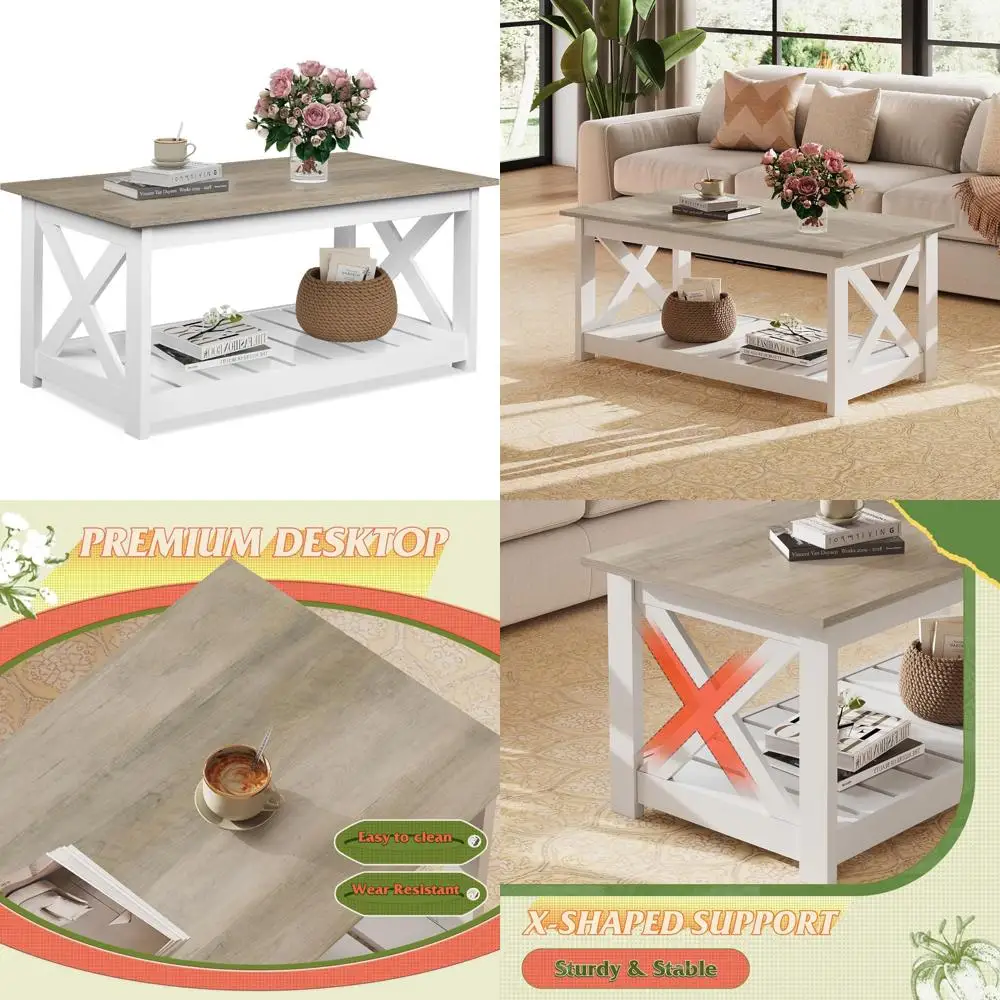 

Farmhouse Style 40.1 Coffee Table with Slatted Shelf and X-Frame, 2-Level Wooden Center Table for Living Room