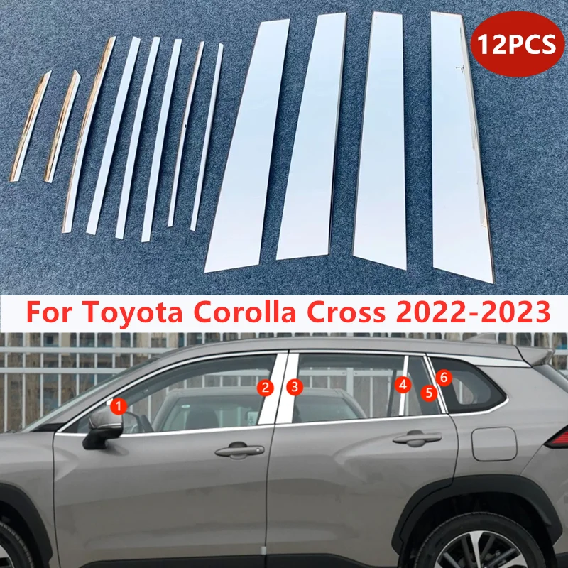 

12Pcs Chrome Steel Pillar Posts Set Door Molding Trim Cover For Toyota Corolla Cross 2022 2023