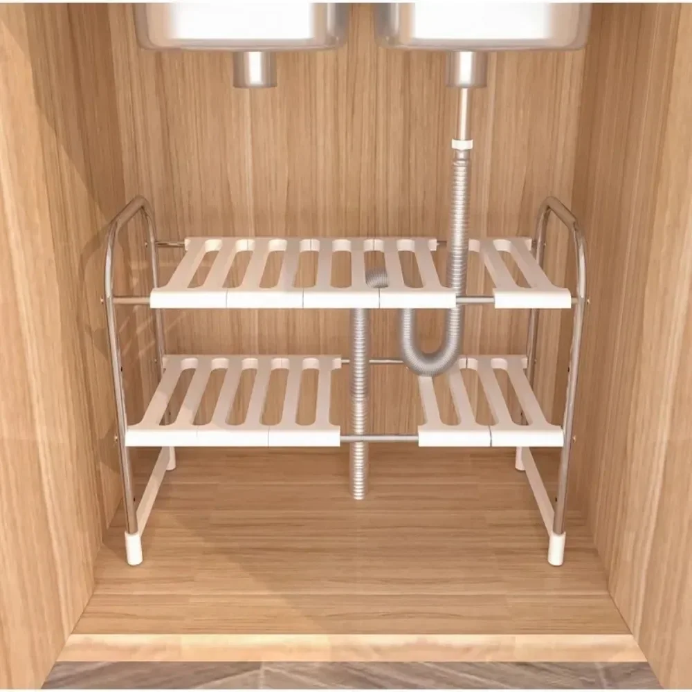 2 Tier Kitchen Under Sink Rack Multi-Purpose Pot Storage Rack Stainless Steel Telescopic Storage Shelf Bathroom Organizer