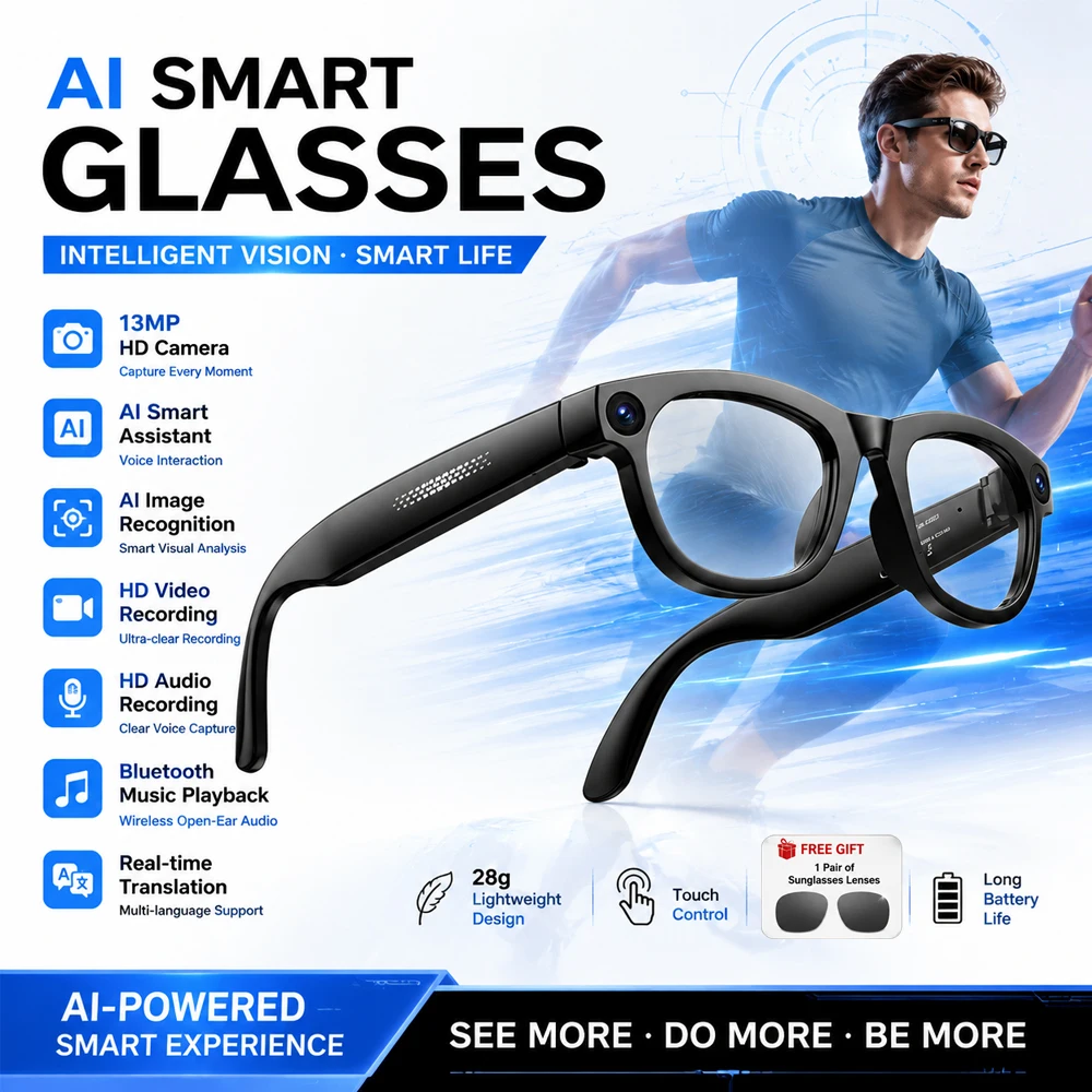 2026 NEW AI Smart Glasses 13MP First-Person Photo Video Real-Time Translation BT Music Playback Battery Life Smart Glasses