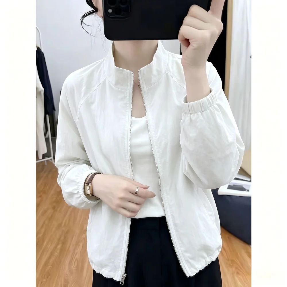 

Women's Summer 2026 New Lazy Style Casual Fashion Thin Stand Collar Sun Protection Coat Long Sleeve Zipper Closure Polyester