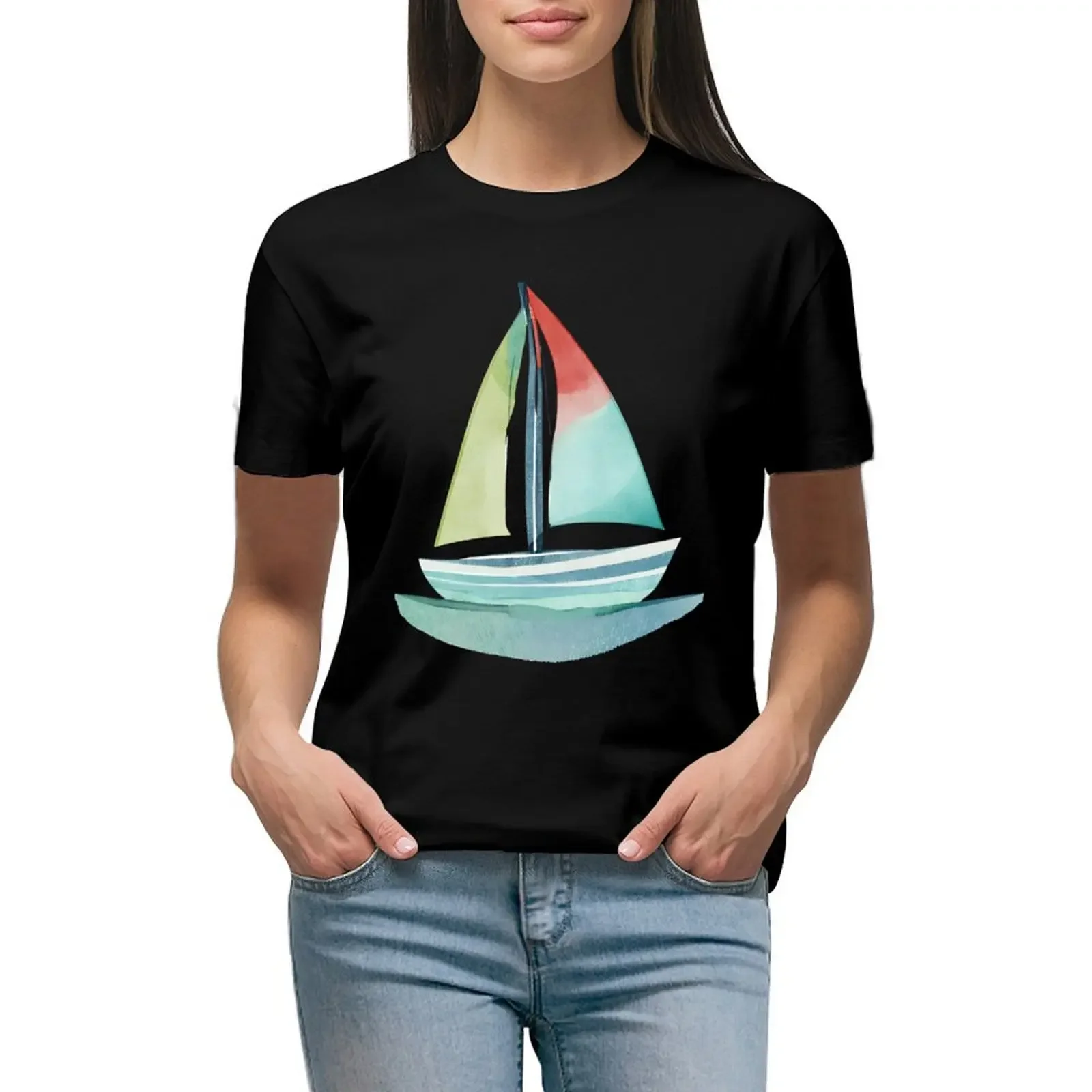 

Green, Teal, and Red Sailboat T-Shirt sublime blanks heavyweights t shirts for Women graphic