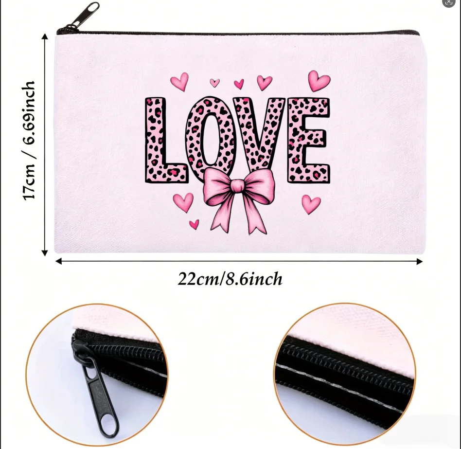 1PC Leopard LOVE Bow Hearts Girly Graphic Print Canvas Cosmetic Bag Portable Zipper Storage Pouch
