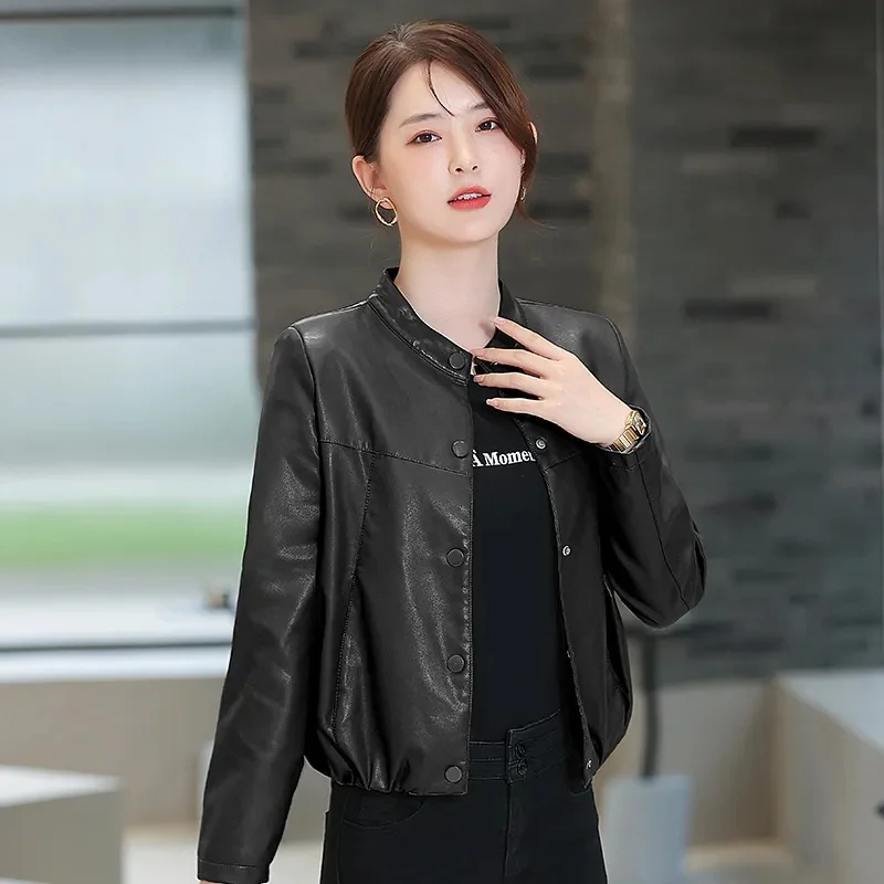 Korean Ladies Loose Fit Faux Leather Outwear Autumn Women PU Locomotive Uniform Jacket 2024 Female Soft Leather PU Leather Coat