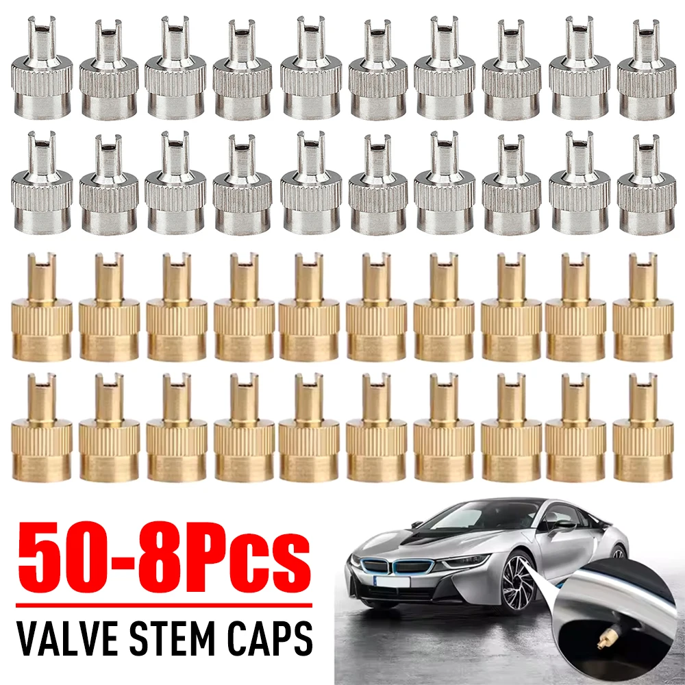 50-8 قطعة غطاء جذع صمام الإطارات كامل النحاس مشقوق غطاء جذع الرأس مع أداة إزالة الصواميل الأساسية عجلة صمام يغطي للدراجات النارية السيارات