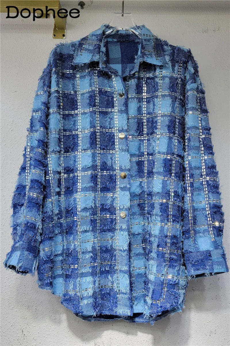 Retro Blue Plaid Shirt Coat Women's Blouse Design Sense Early Autumn 2023 New Women Clothes Long-Sleeved Button Shirts Top